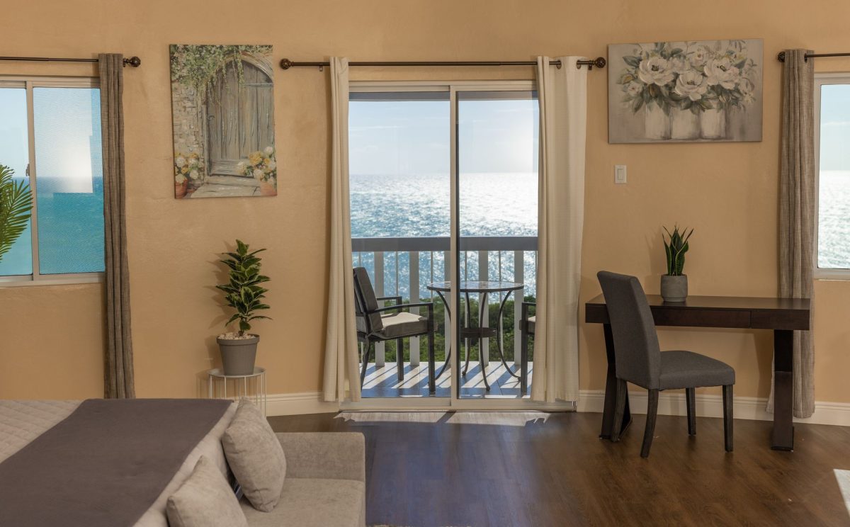 Interior room with ocean view, balcony, desk, art, and plant.